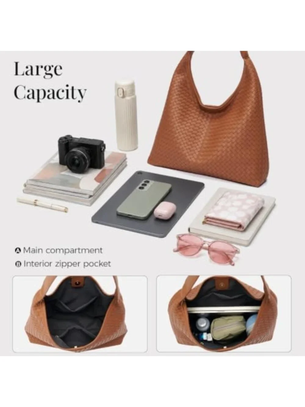 Large Slouchy Vegan Leather Hobo Tote Bag - Woven Textured Purse for Women